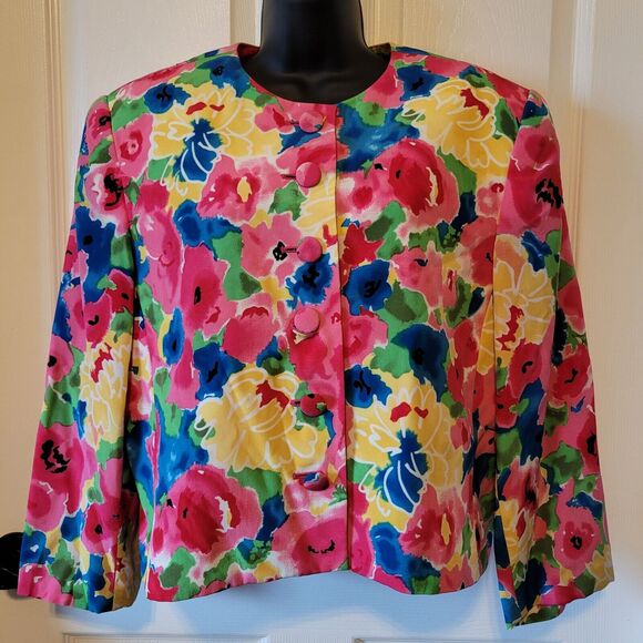 Evan Piccone Blazer Woman Large Crop Jacket Floral Watercolor Colorful Vibrant - Picture 1 of 10